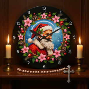 Relógio Grande Artístico Santa Claus Wreath de Natal