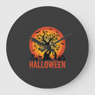 Relógio Grande Árvore Assombrada de Halloween Bruxa e Gatos Preto