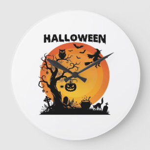 Relógio Grande Árvore Assustadora de Halloween Bruxa Voadora Lua