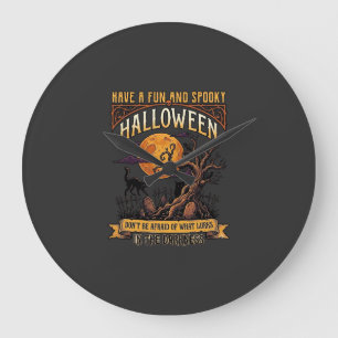 Relógio Grande Árvore Assustadora de Halloween Lua Cheia Gato Pre