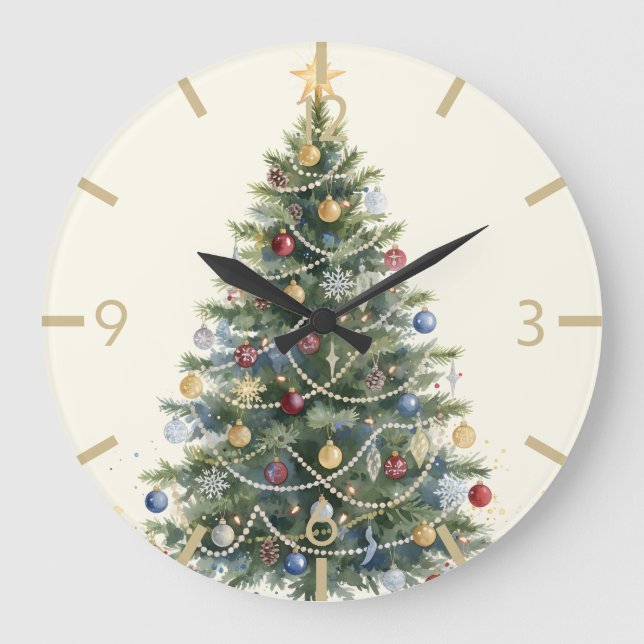 Relógio Grande Árvore de Natal aquarela rústica Natal Férias (Frente)