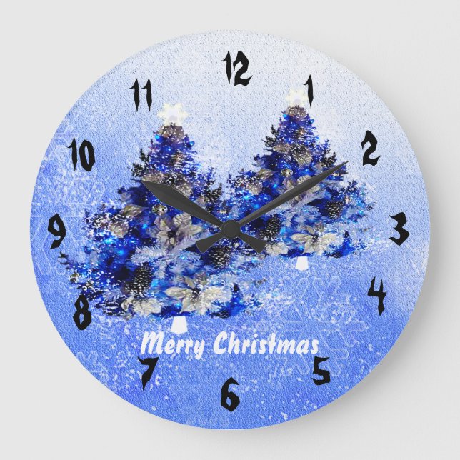 Relógio Grande Árvore de natal azul decorada personalizada (Frente)