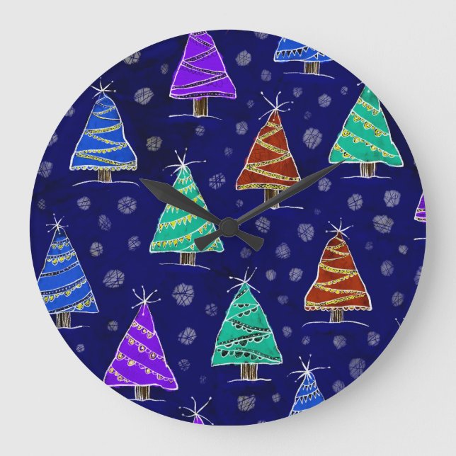 Relógio Grande Árvores de Natal Aquarela: Padrão Florestal. (Frente)