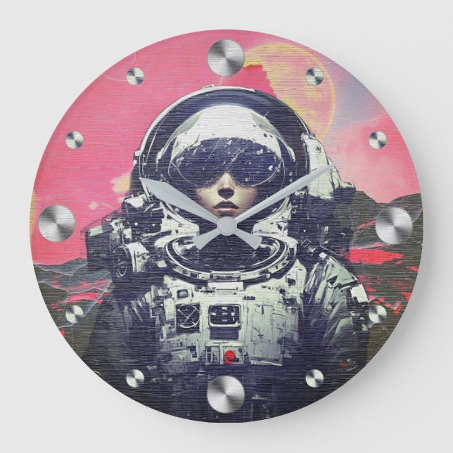 Relógio Grande Astronauta Cyberpunk - Espaço Neon Rosa (Frente)