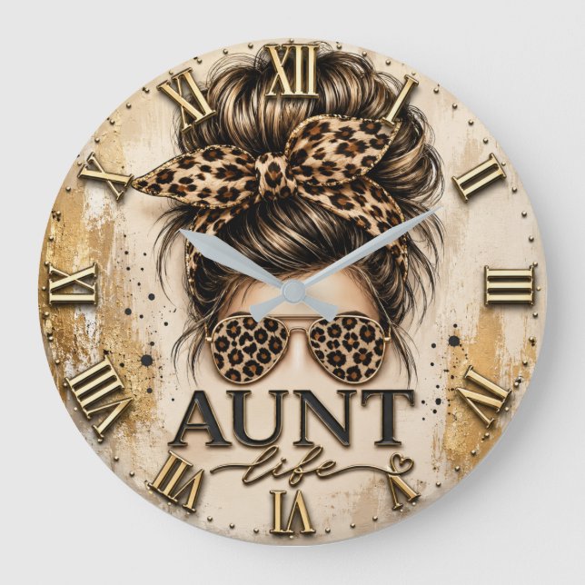 Relógio Grande Aunt Life Leopard Print Messy Bun Cheetah (Frente)