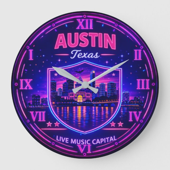 Relógio Grande Austin Texas Neon Skyline  (Frente)