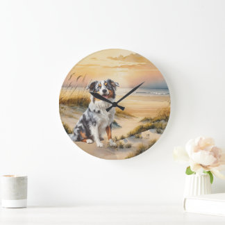 Relógio Grande Australian Shepherd em uma enseada de praia