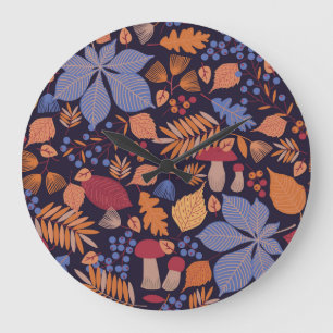 Relógio Grande Autumn Leaves, Ilustração Vintage Mushroom.
