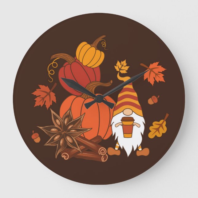 Relógio Grande Autumn Pumpkins Gnome Spice Card (Frente)