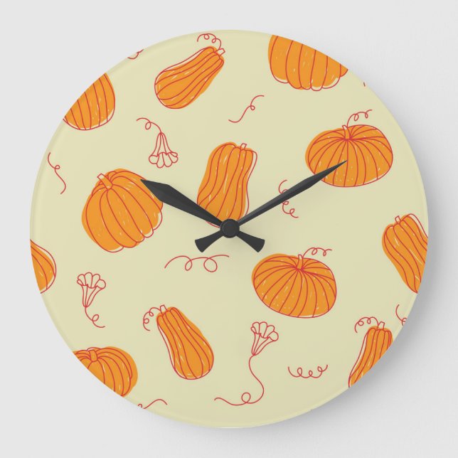 Relógio Grande Autumn Pumpkins: Padrão Laranja De Dodle. (Frente)