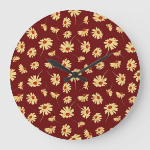 Relógio Grande Autumn Sunflower: Maroon Seamless Design
