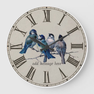 Relógio Grande Aves Azuis Vintage Ilustradas