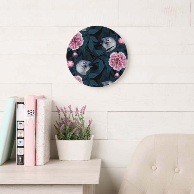 Relógio Grande Aves e flores cor-de-rosa com folhas (Sala de leitura)