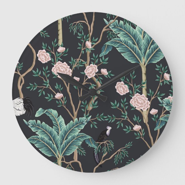 Relógio Grande Aves Exóticas Chinoiserie: Muro de Árvores de Bana (Frente)