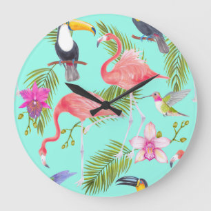 Relógio Grande Aves tropicais: padrão uniforme de aquarelas.