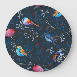 Relógio Grande Aves Vibrantes: Legância Escura de Gouache