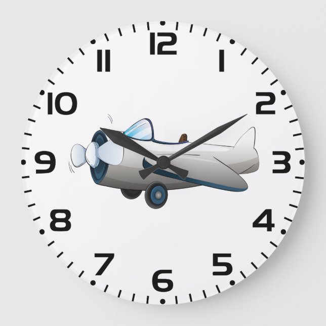 Relógio Grande Avião de desenho animado branco com hélice estilo  (Frente)