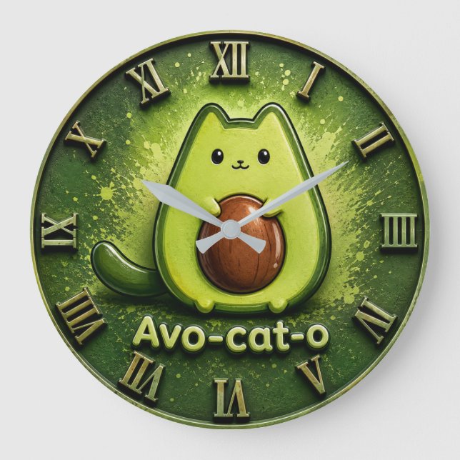 Relógio Grande Avo-Cat-O Funny Avocado Cat  Cute Kawaii Kitchen  (Frente)