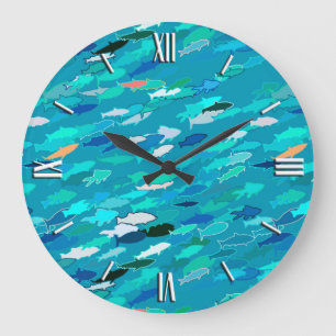 Relógio Grande Azul, branco, escola de turquesa dos peixes