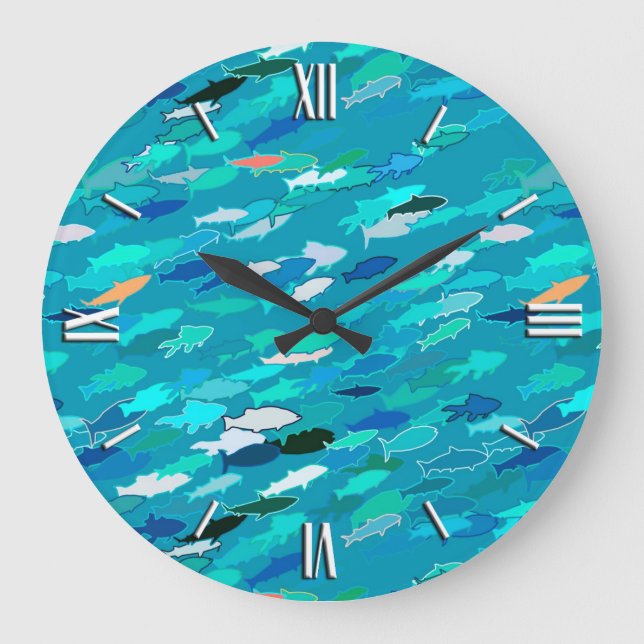 Relógio Grande Azul, branco, escola de turquesa dos peixes (Frente)