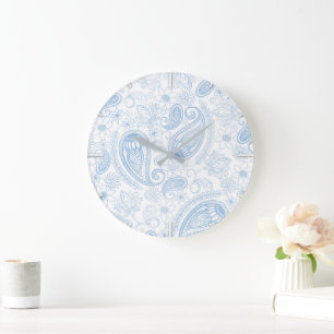 Relógio Grande Azul Clássico Glitter Paisley Floral Padrão Branco