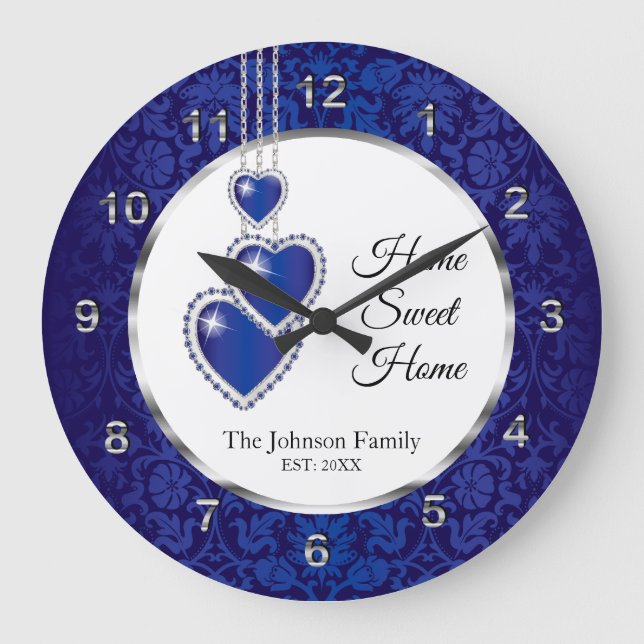Relógio Grande Azul Damask with Heart - Home Sweet Home (Frente)