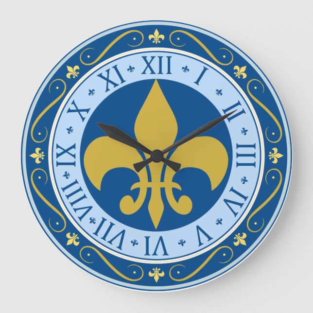 Relógio Grande Azul e Dourado Fleur-de-Lis (Frente)