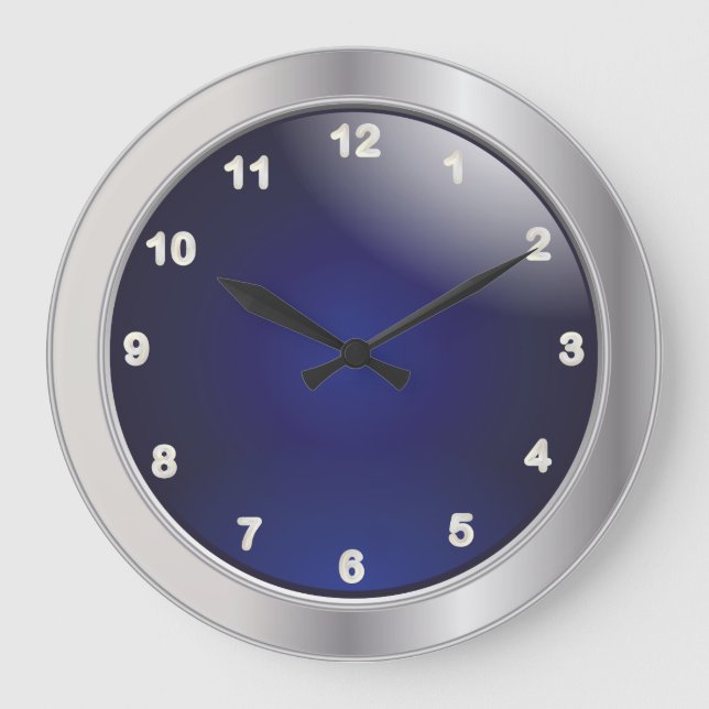 Relógio Grande Azul elegante e metal prateado com números brancos (Frente)