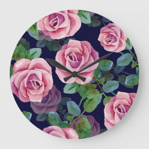 Relógio Grande Azul Escuro, Rosas Rosa Aquarela.