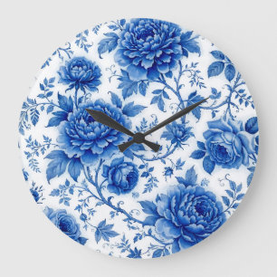 Relógio Grande Azul Fluido Flores Rosas Peônias Azul Cobalto Bran