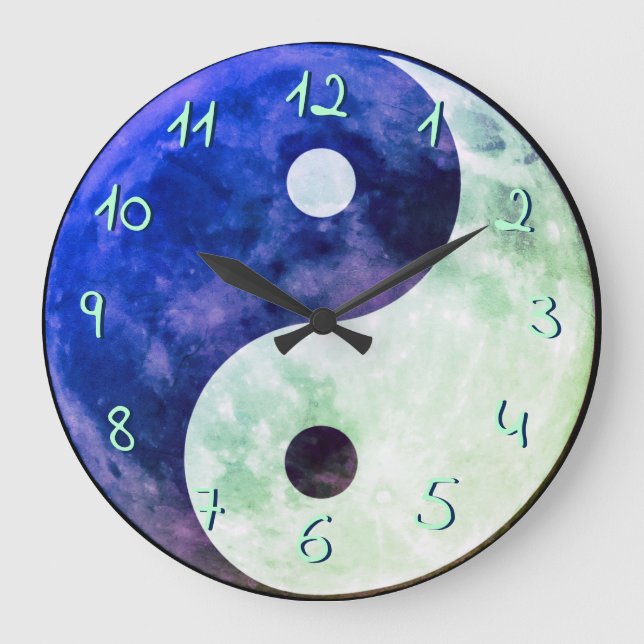 Relógio Grande Azul Verde Yin Yang Lua Números Europeus (Frente)