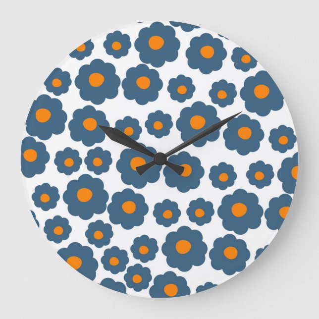 Relógio Grande Azul Whimsical e Retro Floral Laranja, Cheio (Frente)
