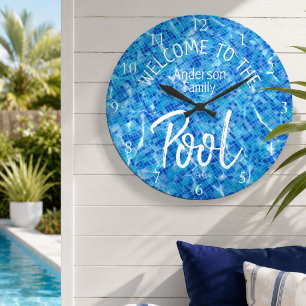 Relógio Grande Azulejo Aqua Personalizado Bem-vindo à Piscina da 