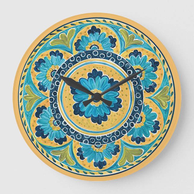 Relógio Grande Azulejo Azul Floral Mexicano (Frente)