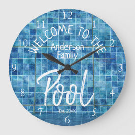 Relógio Grande Azulejo azul personalizado Bem-vindo à Piscina da 