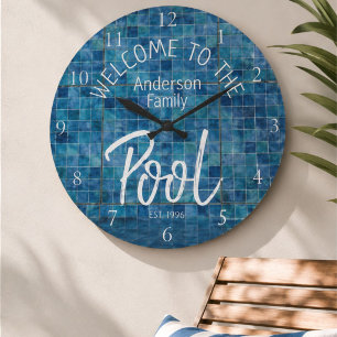 Relógio Grande Azulejo Azul Personalizado Bem-vindo à Piscina da 