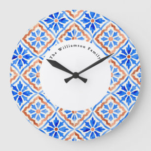 Relógio Grande Azulejo de Telha Azul Mediterrâneo Nome Personaliz