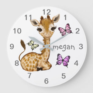 Relógio Grande Baby Animal Giraffe Butterfly Nursery Wall Clock
