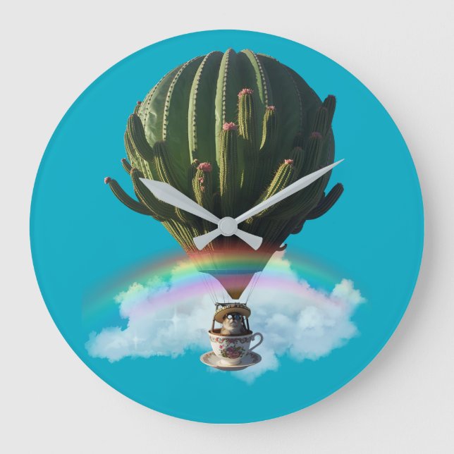 Relógio Grande Balão de Ar Quente de Gato Surreal com Cactus e Ra (Frente)