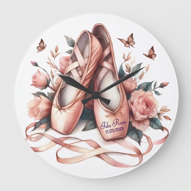 Relógio Grande Balé personalizado Slippers & Rosa Wall Clock (Frente)