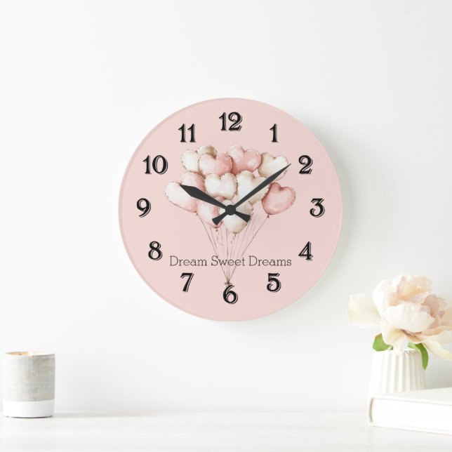 Relógio Grande Balões de Corações Rosa Creme   (Lar)