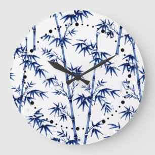 Relógio Grande Bambu Sortudo Estilo Imari Azul Branco