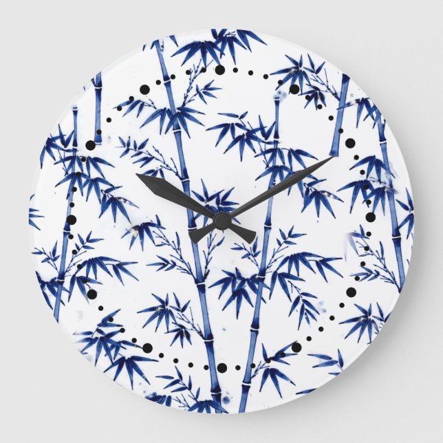 Relógio Grande Bambu Sortudo Estilo Imari Azul Branco  (Frente)