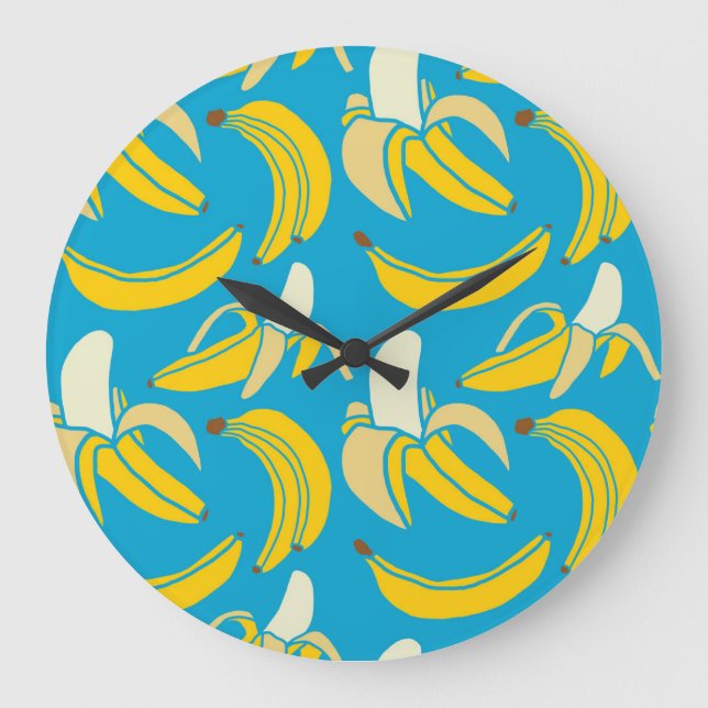 Relógio Grande Bananas amarelas, padrão de fundo azul (Frente)