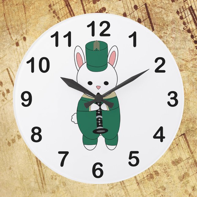 Relógio Grande Banda Marcha Clarinet Rabbit Dourado (A clock with a picture of a rabbit playing the clarinet in a green & gold marching band uniform.)