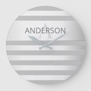 Relógio Grande Bandas de Ombre Silver Faux Contemporâneas e Cinza