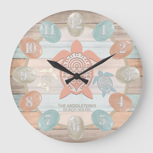 Relógio Grande Bandas de praia náuticas, vidro marinho, tartaruga (Frente)