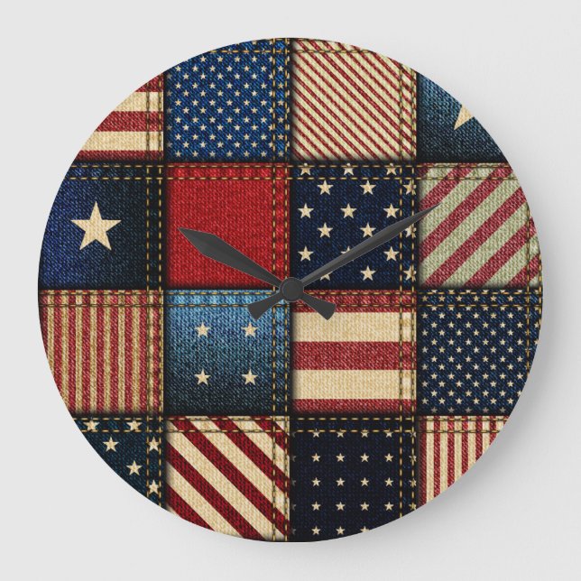 Relógio Grande Bandeira Americana, Patchwork Perfeitamente Padrão (Frente)