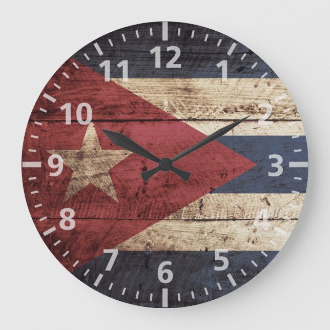 Relógio Grande Bandeira de Cuba na grão de madeira velha (Frente)