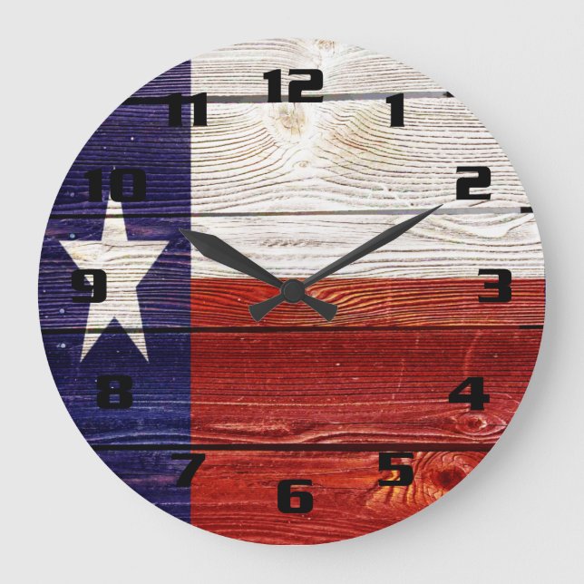 Relógio Grande Bandeira do Texas em textura de madeira rústica (Frente)